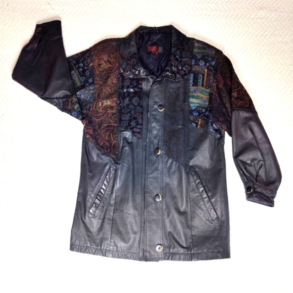 Vintage Leather Jacket Patchwork Floral Paisley Eclectic Grandma Women's size S - Picture 1 of 16